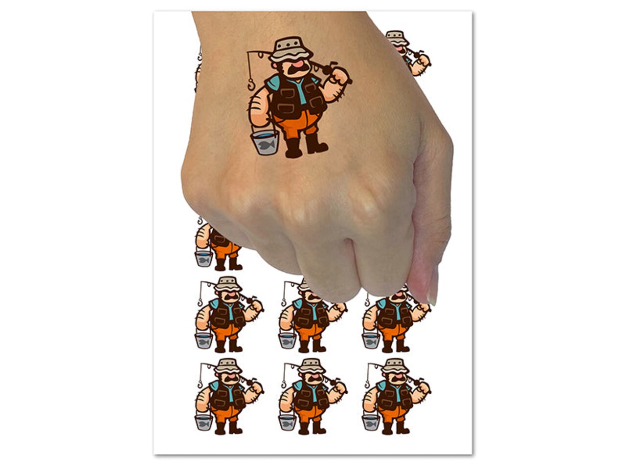 Fisherman Dad with Fishing Rod Temporary Tattoo Water Resistant Fake Body Art Set Collection (1 Sheet)